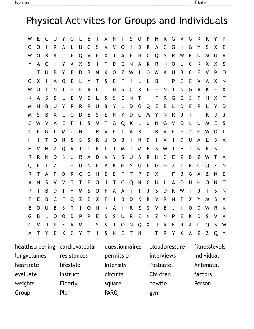 Physical Activites for Groups and Individuals Word Search