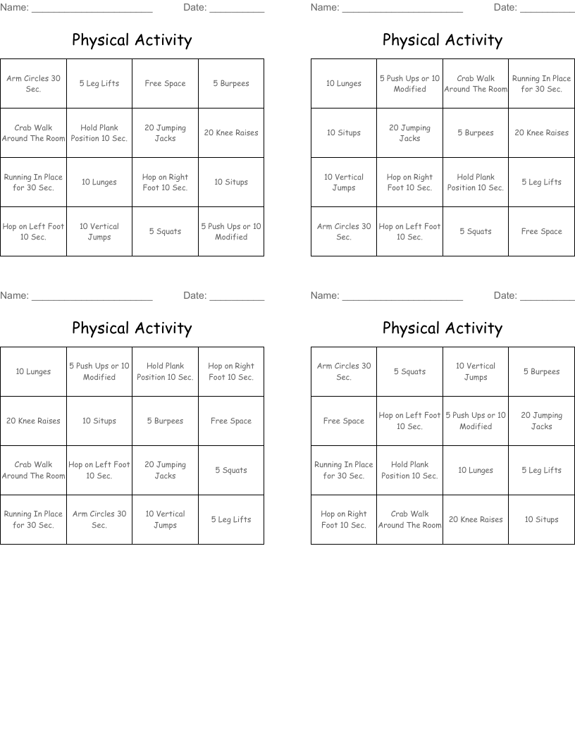 Physical Activity Bingo Cards