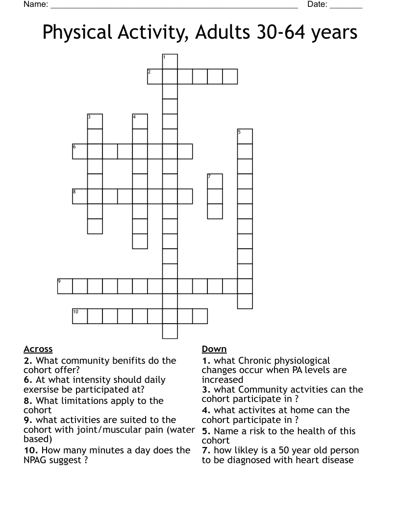Physical Activity, Adults 30-64 years Crossword
