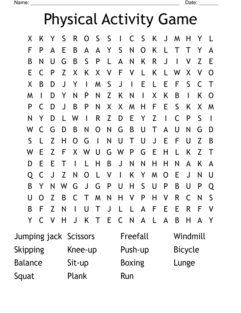 Physical Activity Game Word Search