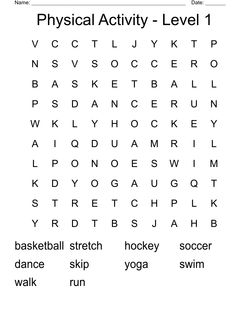 Physical Activity - Level 1 Word Search