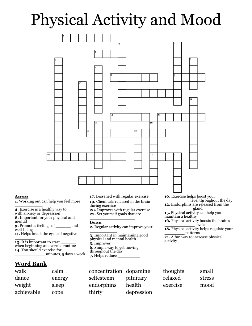 Physical Activity and Mood Crossword