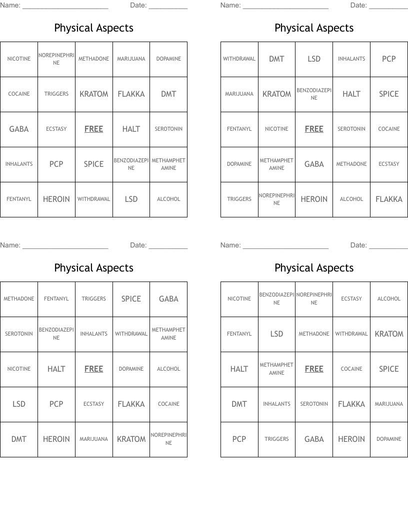 Physical Aspects Bingo Cards