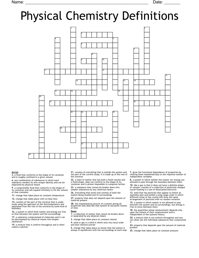 Physical Chemistry Definitions Crossword
