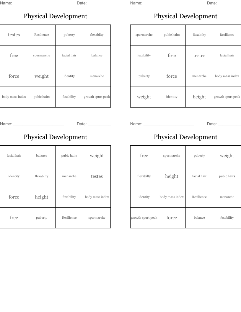 Physical Development Bingo Cards