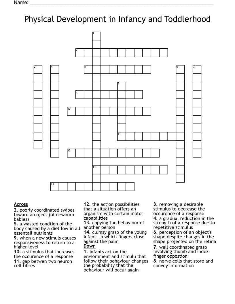 Physical Development in Infancy and Toddlerhood Crossword