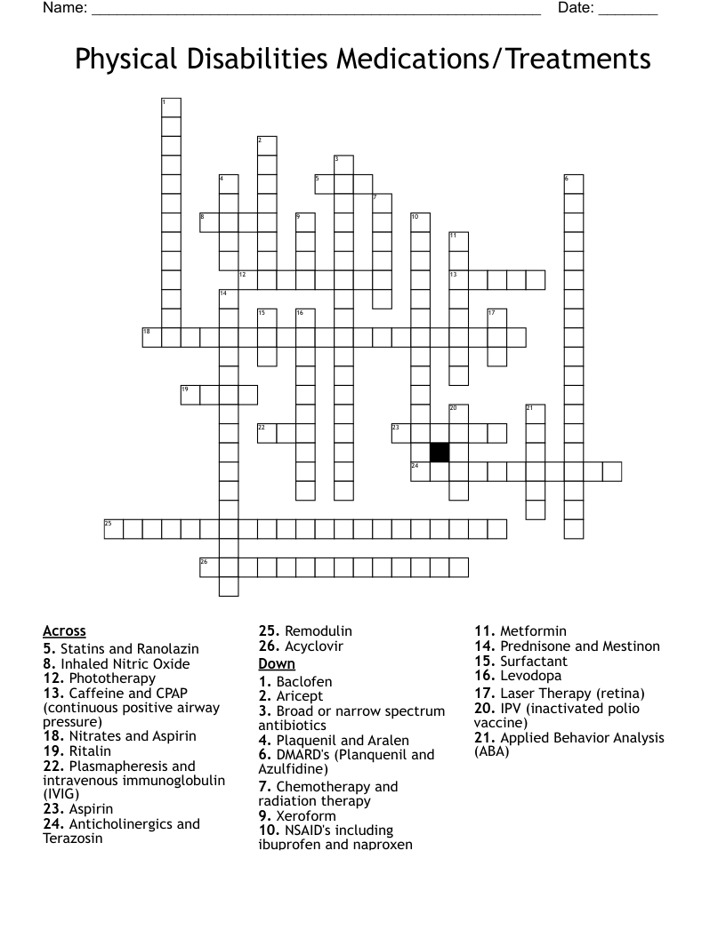 Physical Disabilities Medications/Treatments Crossword