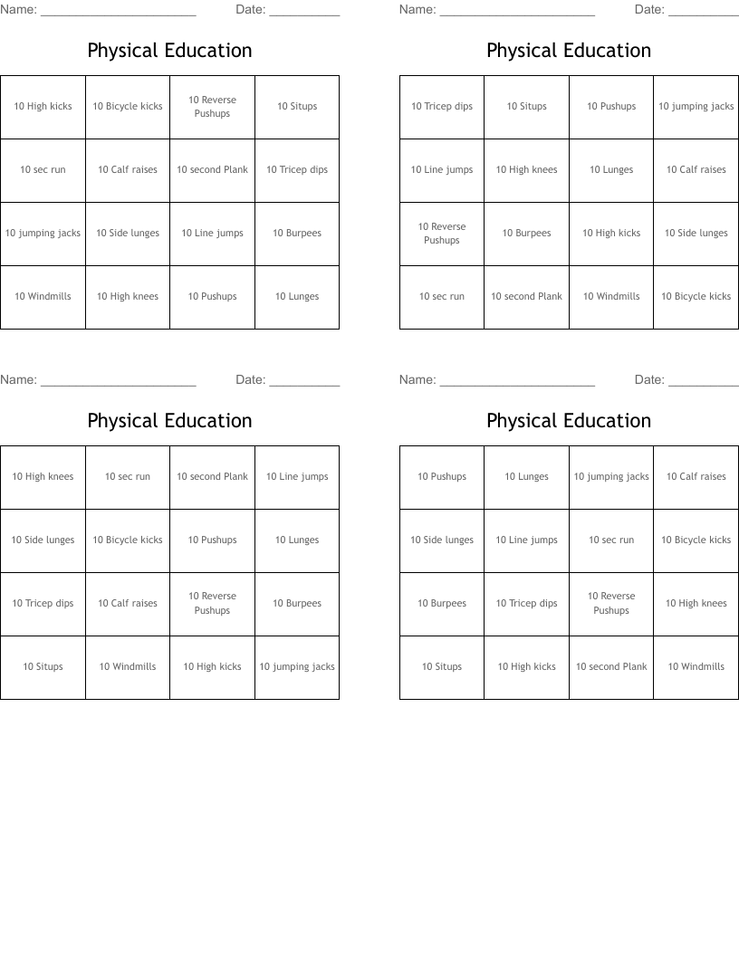 Physical Education Bingo Cards