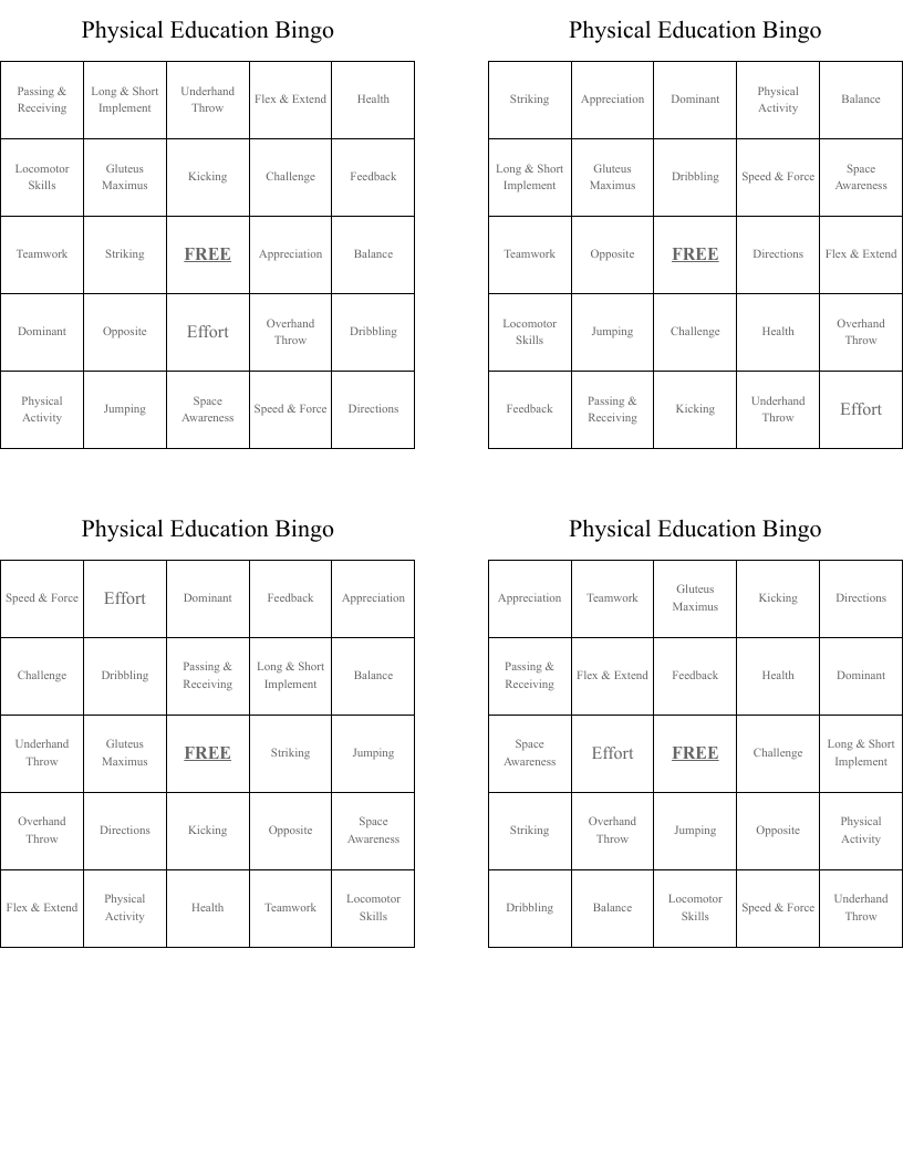 Physical Education Bingo