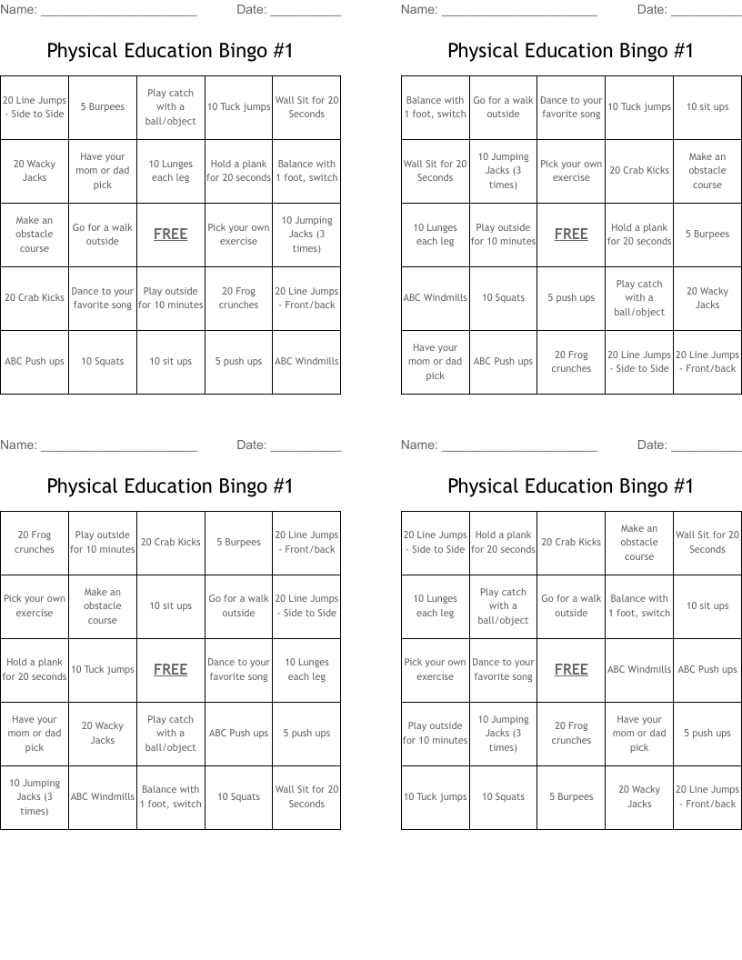 Physical Education Bingo #1