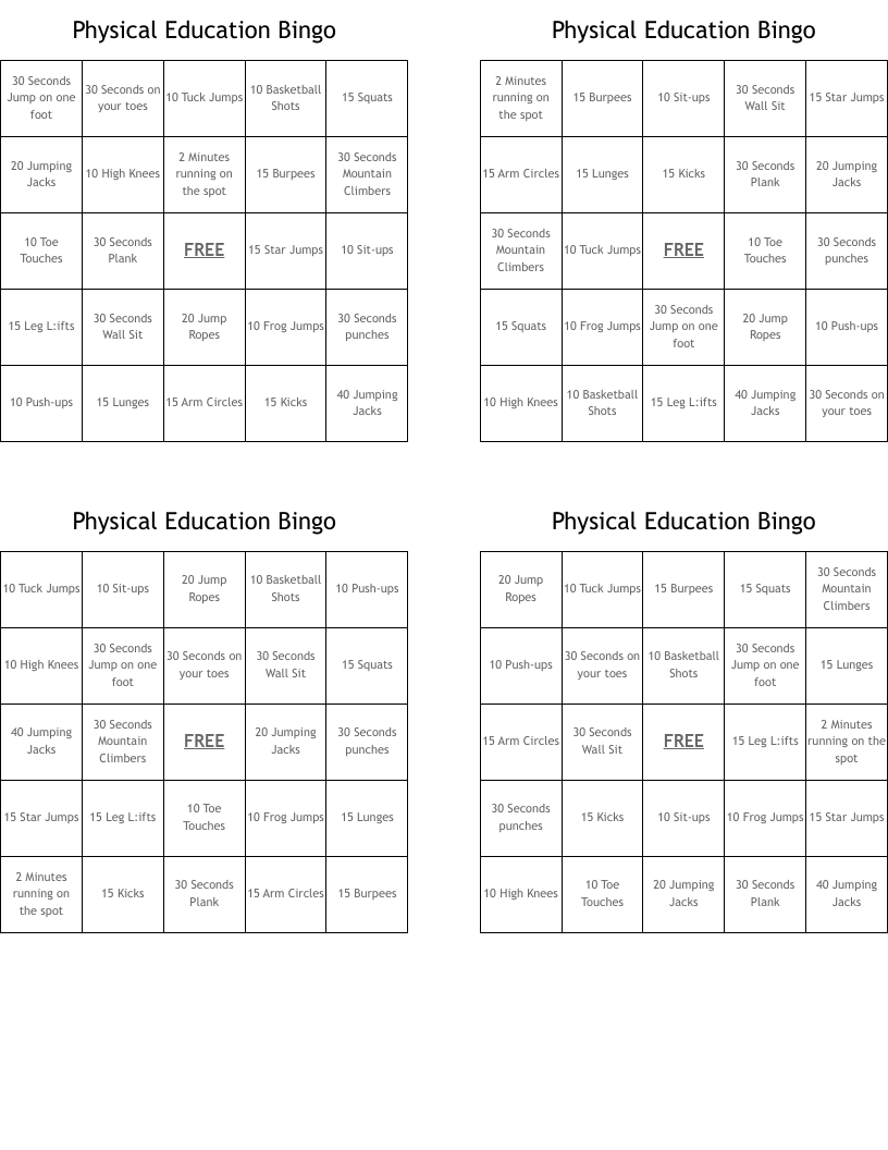Physical Education Bingo