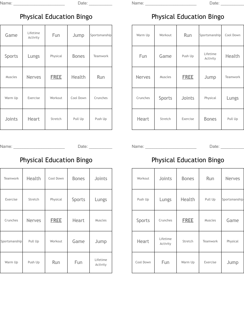 Physical Education Bingo