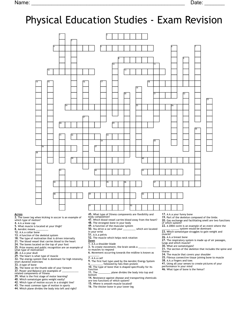 Physical Education Studies - Exam Revision Crossword