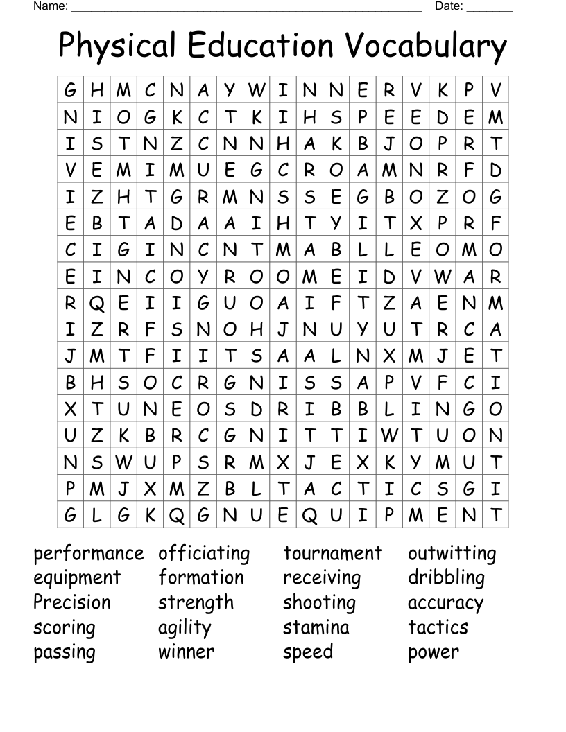 Physical Education Vocabulary Word Search