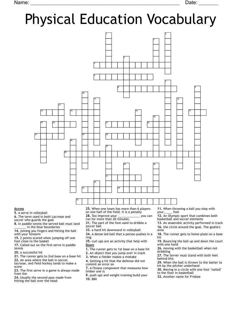 Physical Education Vocabulary Crossword