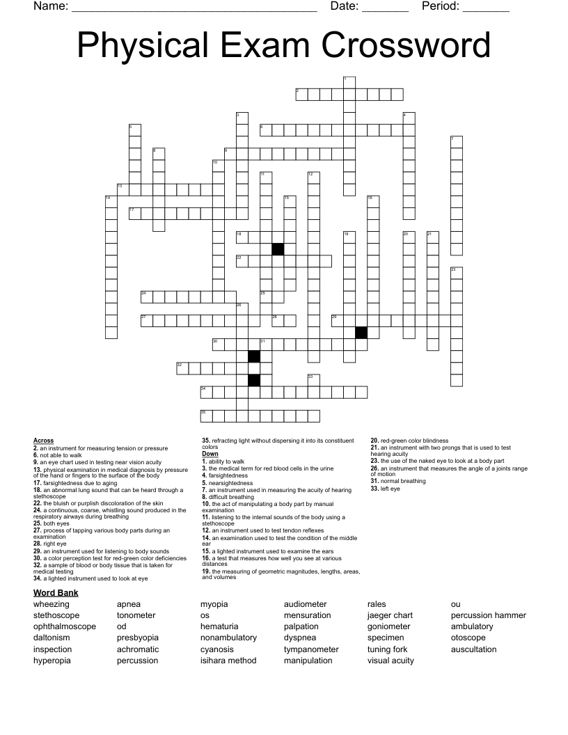 Physical Exam Crossword