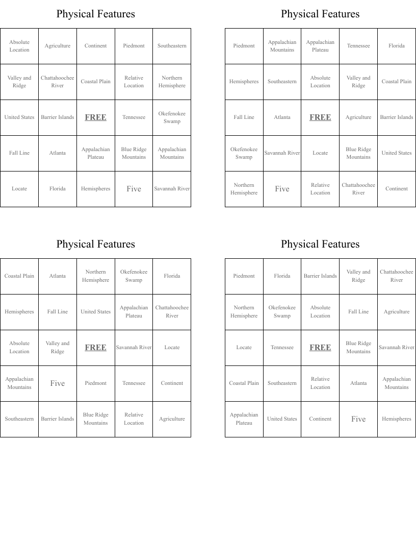 Physical Features  Bingo Cards