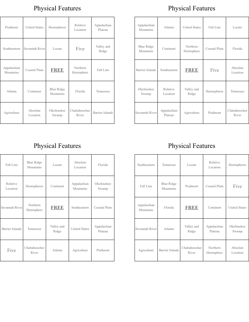 Physical Features  Bingo Cards