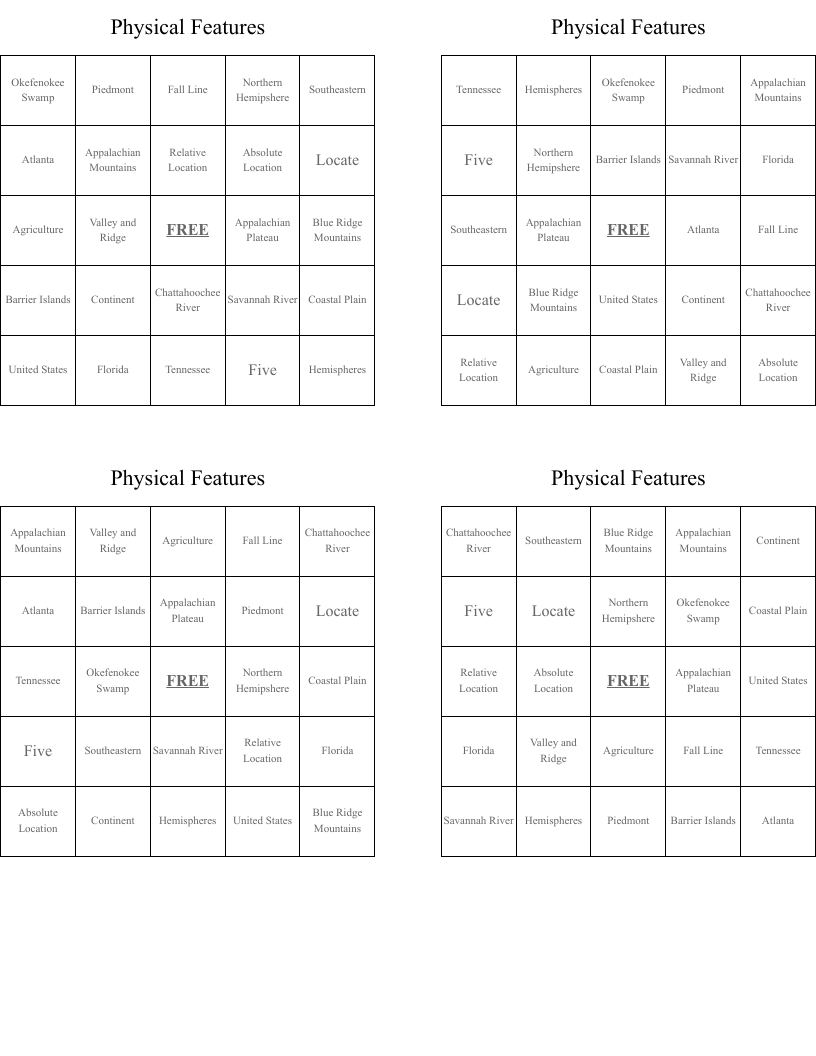 Physical Features  Bingo Cards