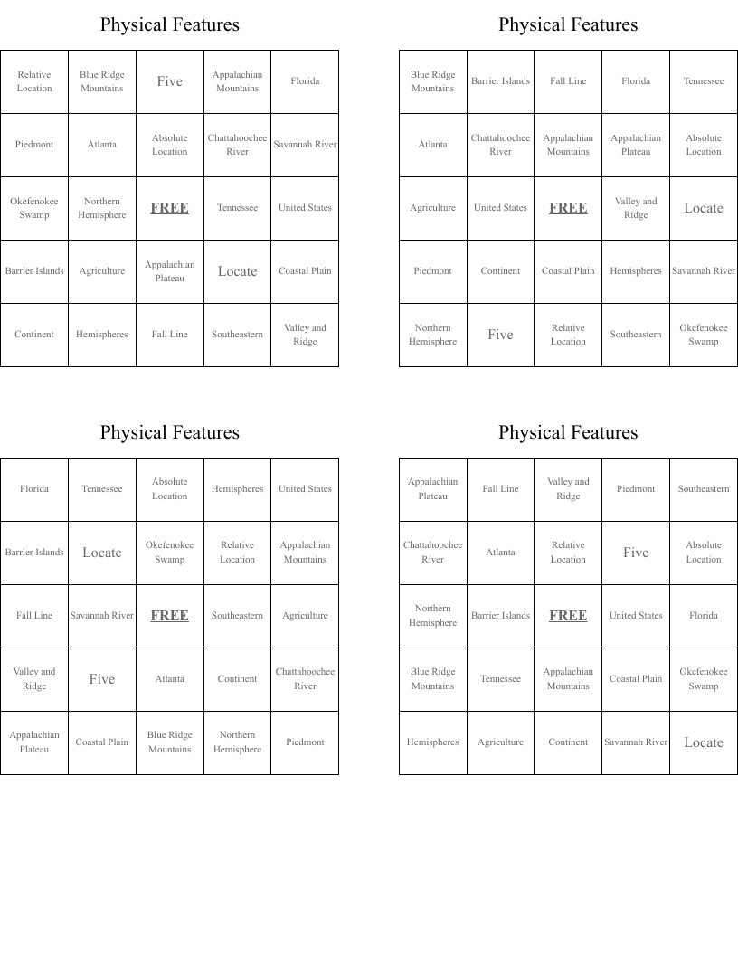 Physical Features  Bingo Cards