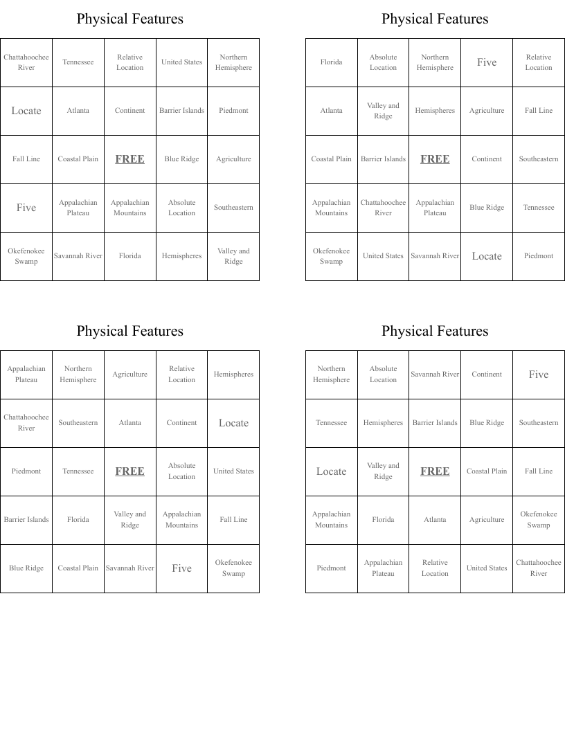 Physical Features  Bingo Cards
