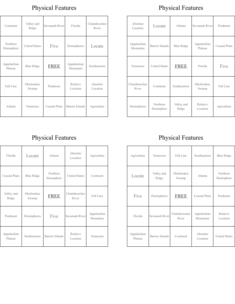 Physical Features  Bingo Cards
