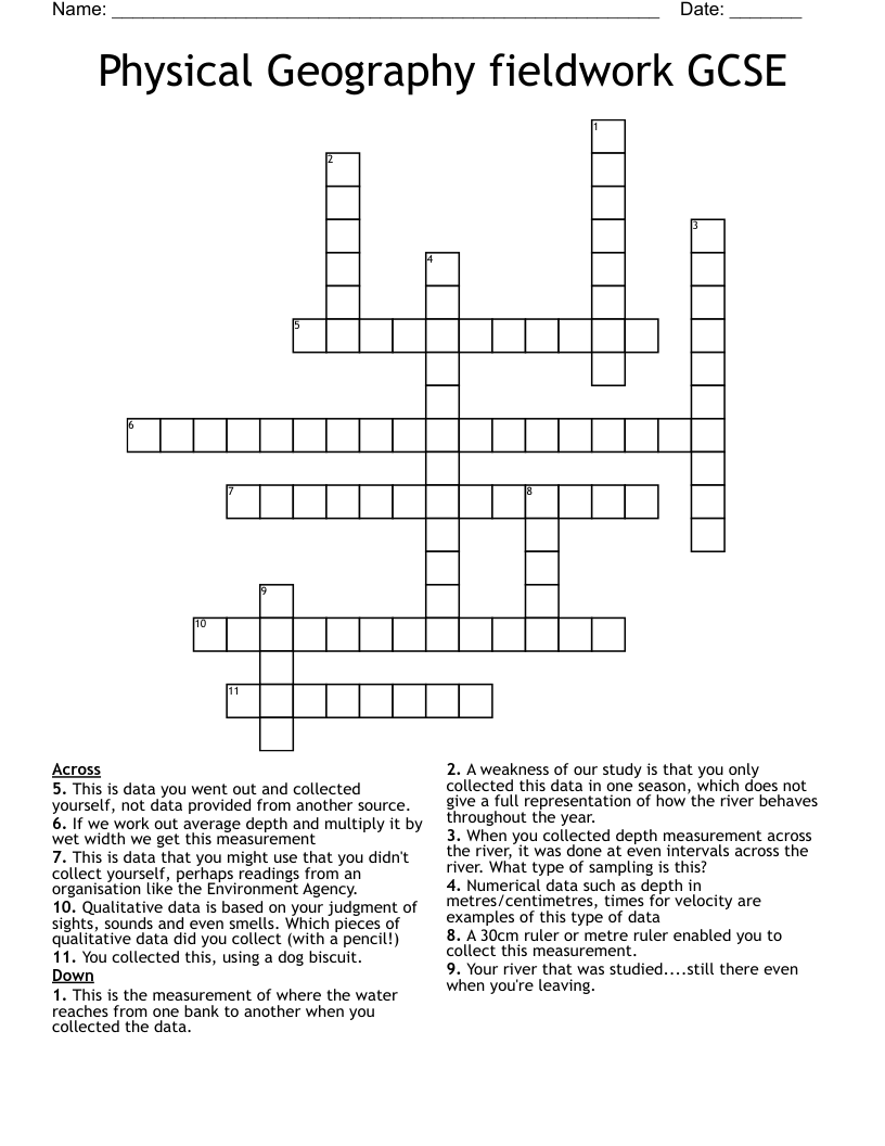 Physical Geography fieldwork  GCSE Crossword