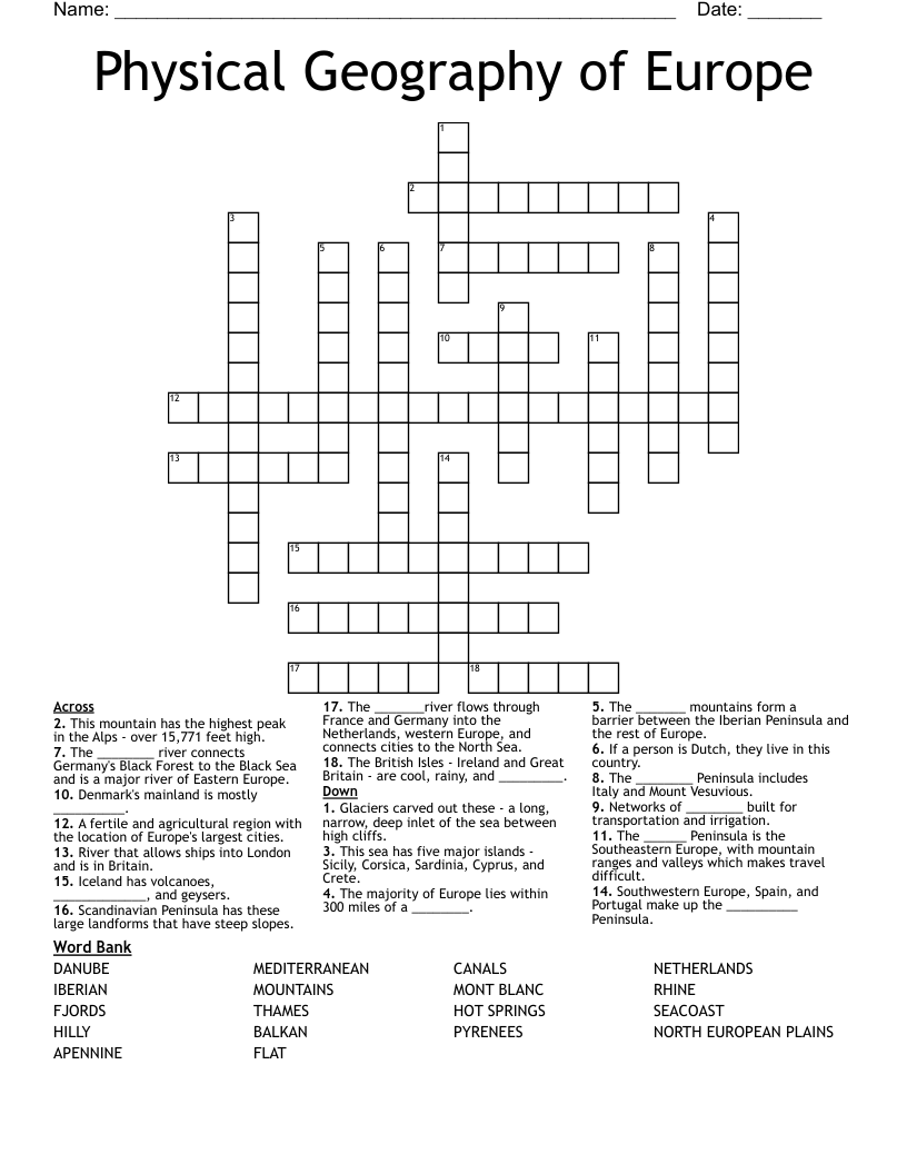 Physical Geography of Europe Crossword