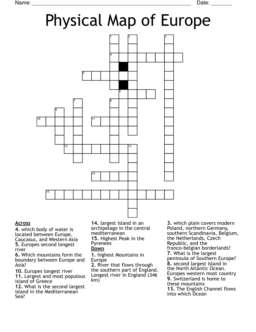 Physical Map of Europe Crossword