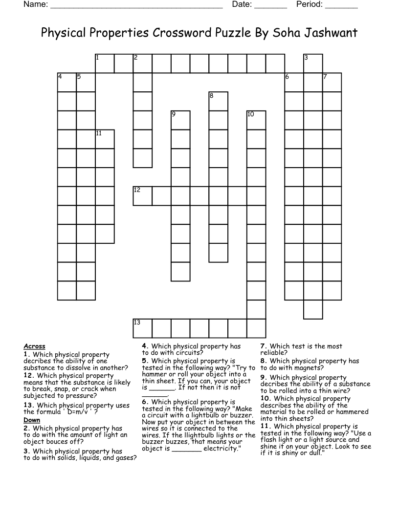 Physical Properties Crossword Puzzle By Soha Jashwant