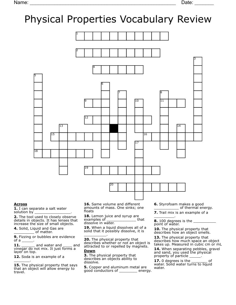 Physical Properties Vocabulary Review Crossword