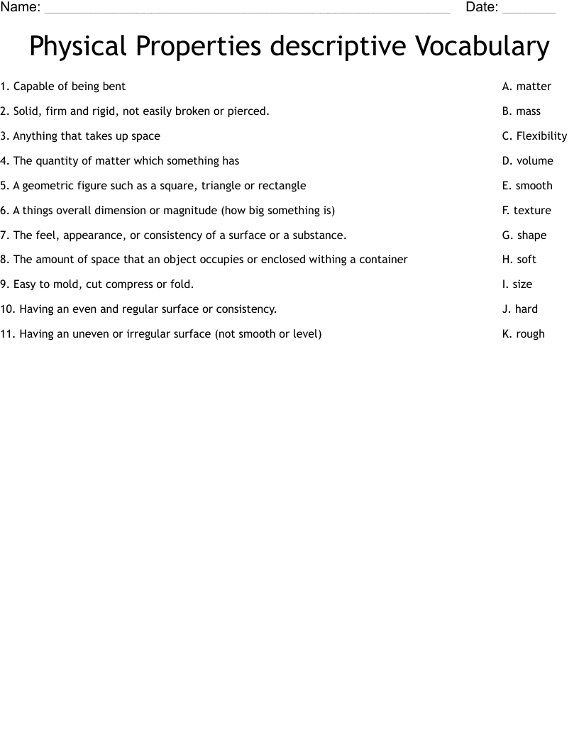 Physical Properties descriptive Vocabulary Worksheet