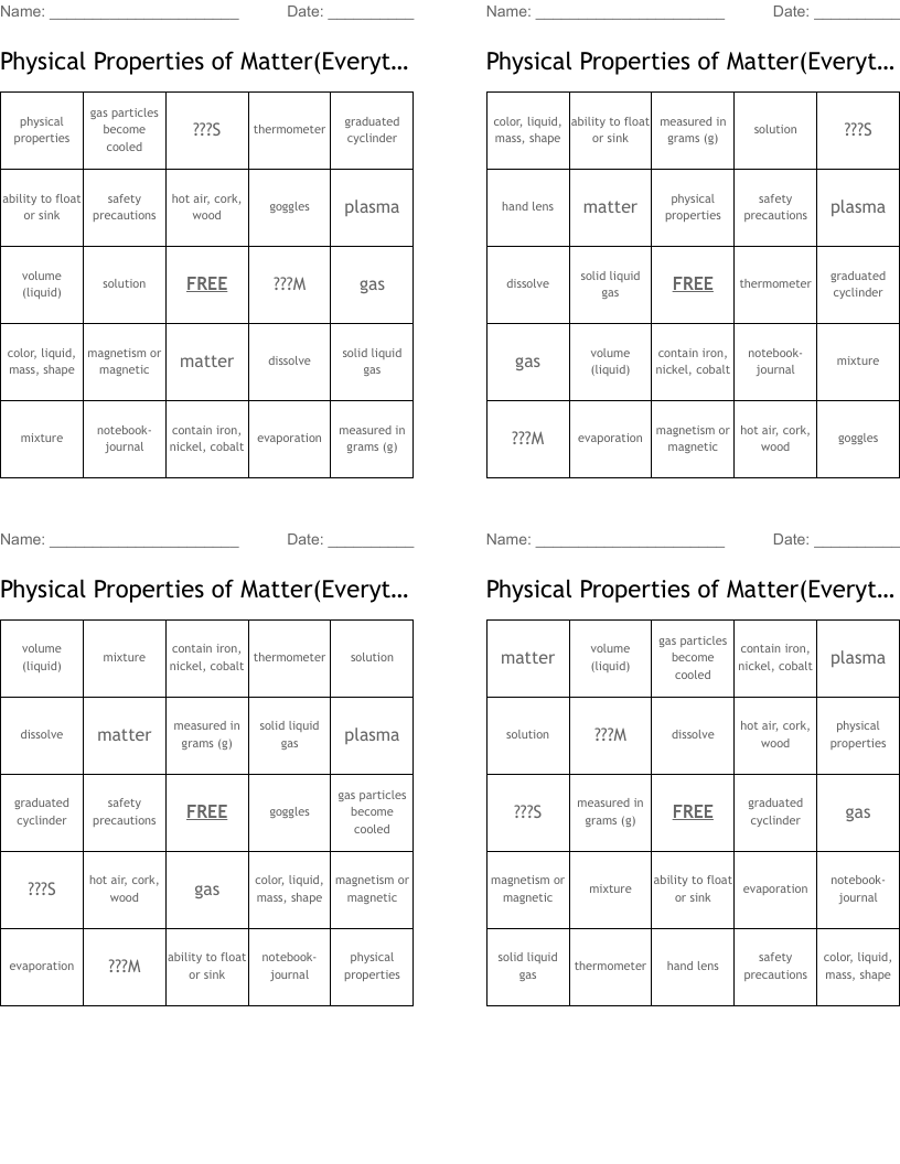 Physical Properties of Matter(Everything) Bingo Cards