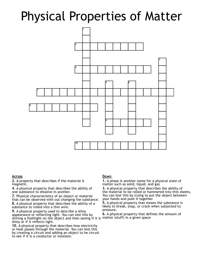 Physical Properties of Matter Crossword