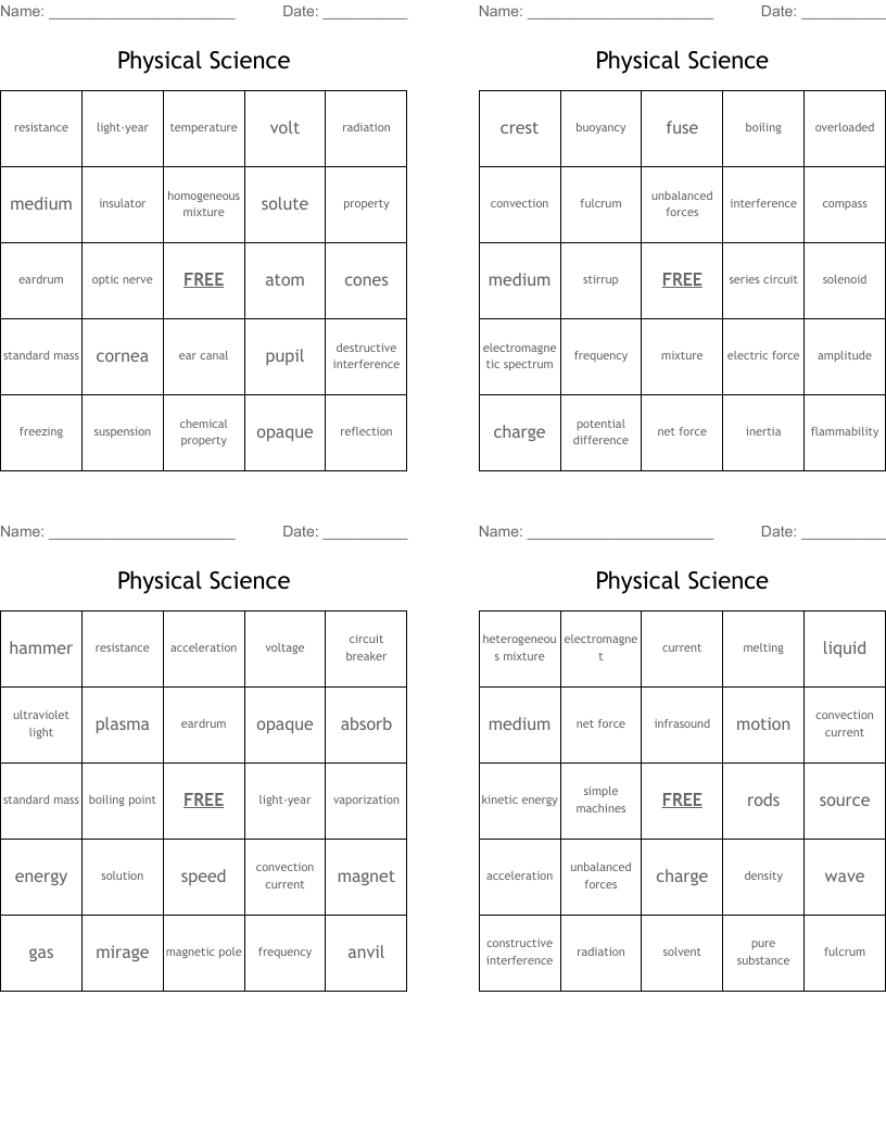 Physical Science Bingo Cards