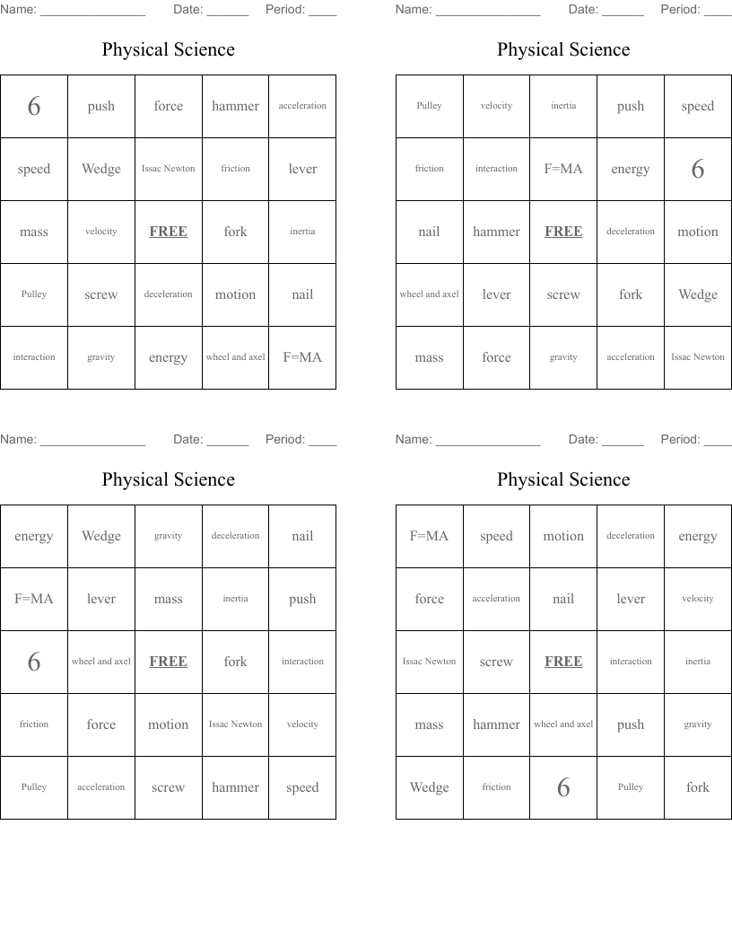 Physical Science Bingo Cards
