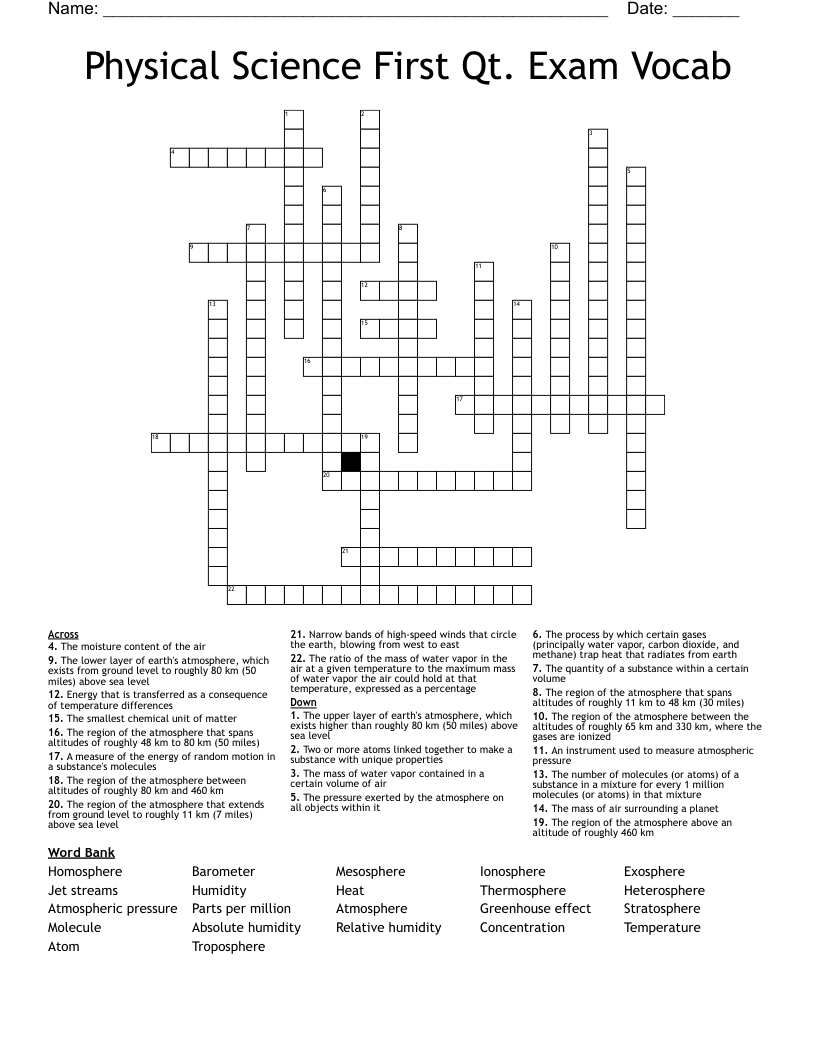Physical Science First Qt. Exam Vocab Crossword