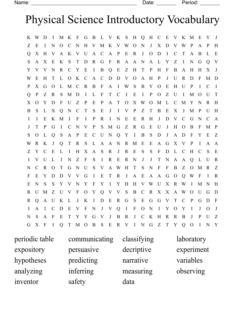 Physical Science Introductory Vocabulary Word Search