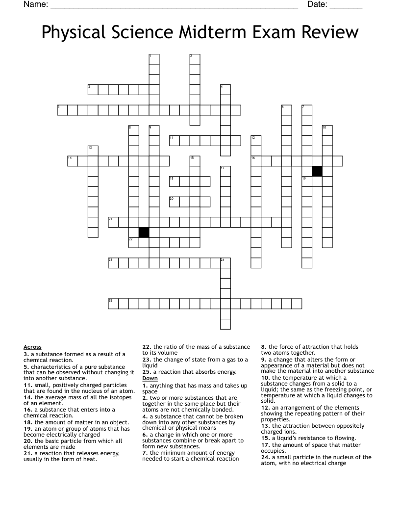 Physical Science Midterm Exam Review Crossword
