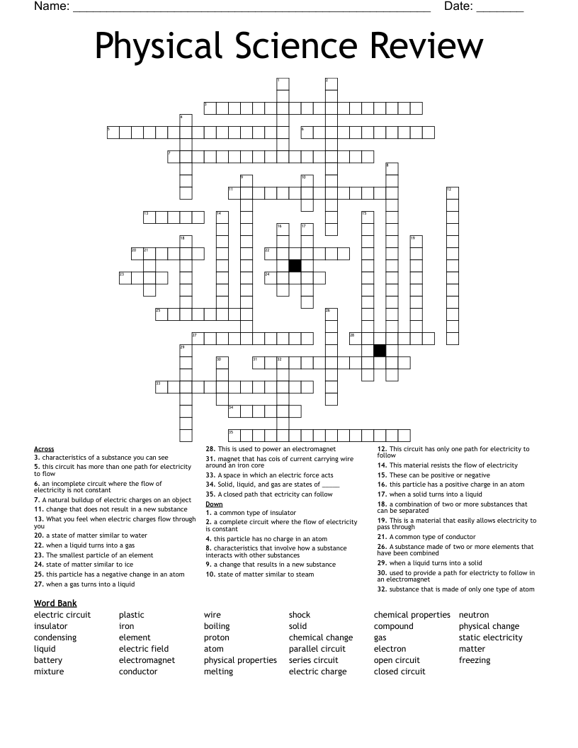 Physical Science Review Crossword