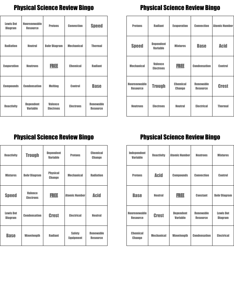 Physical Science Review Bingo