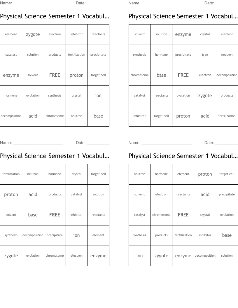 Physical Science Semester 1 Vocabulary Words Bingo Cards