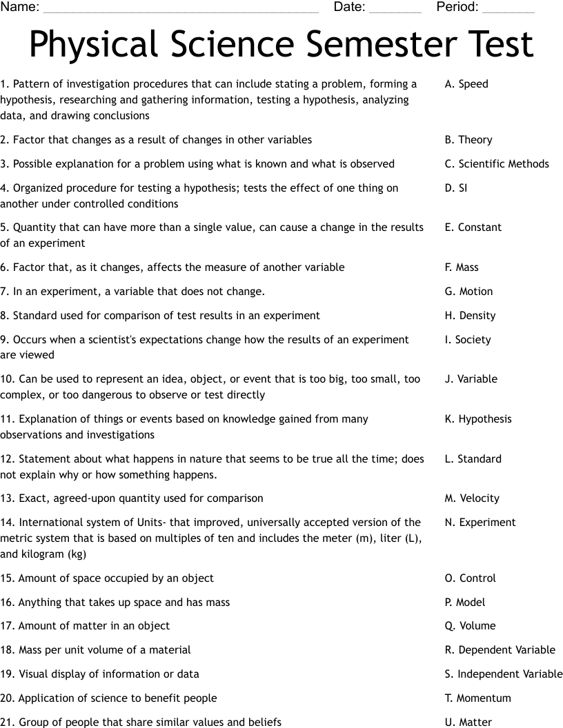 Physical Science Semester Test Worksheet