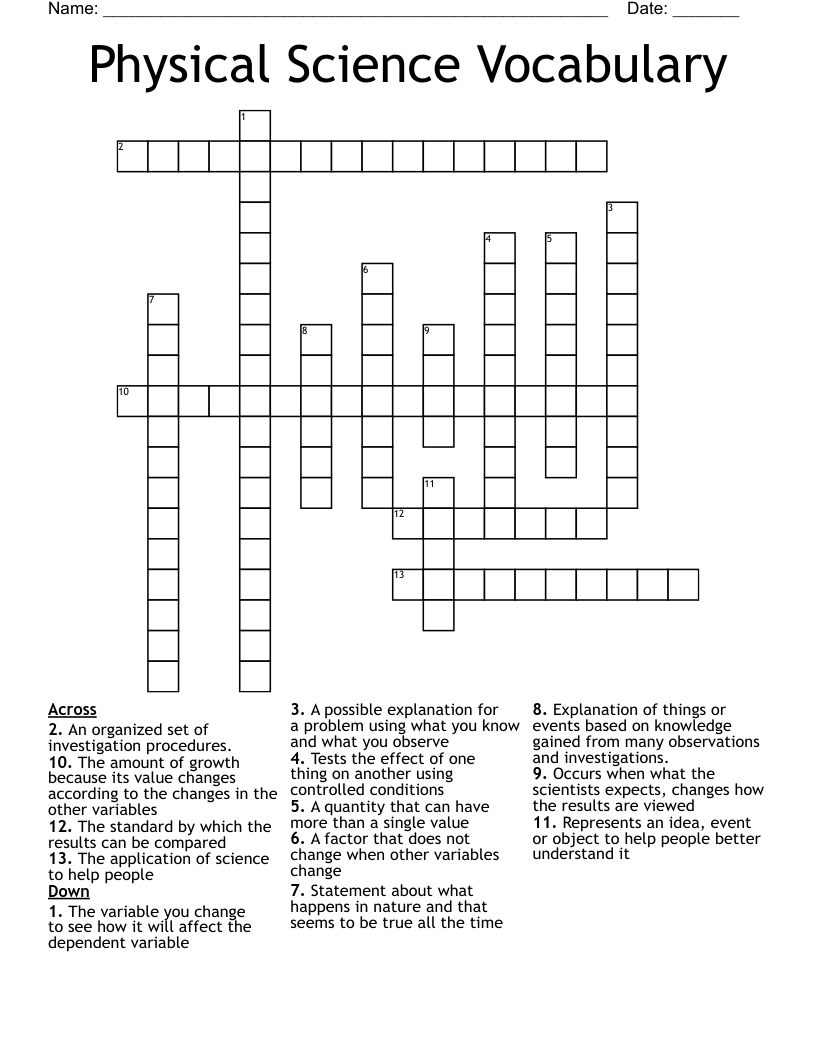 Physical Science Vocabulary Crossword