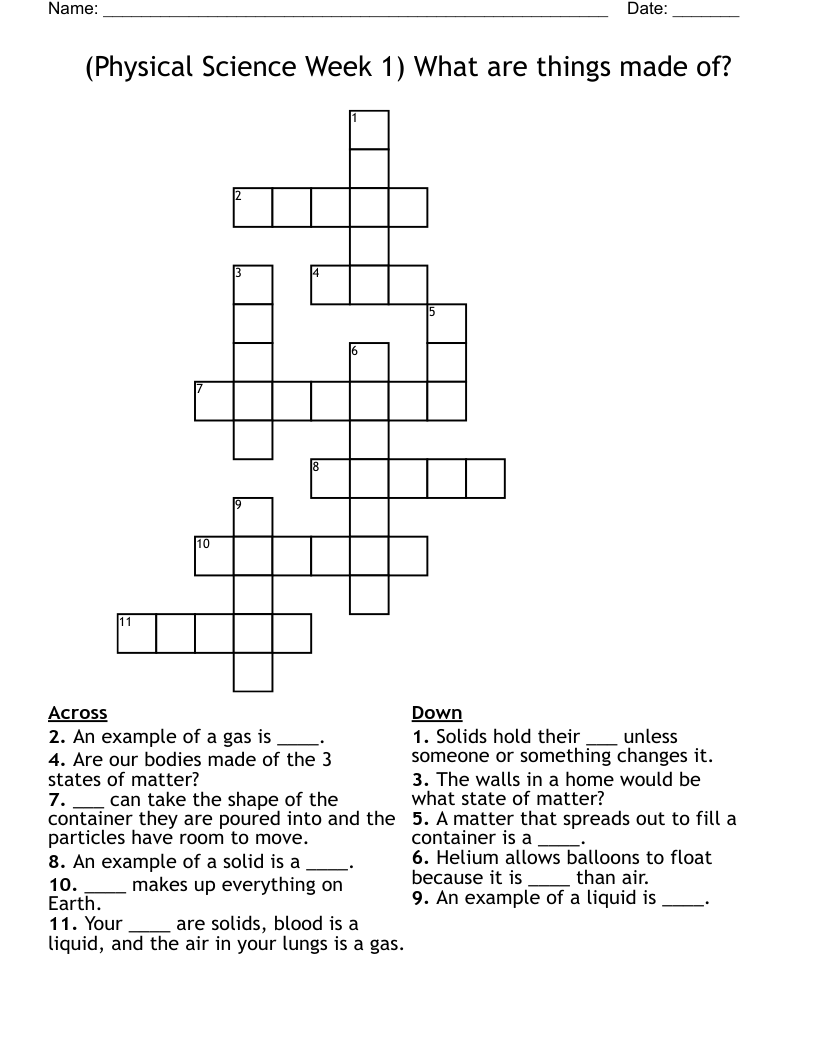 (Physical Science Week 1) What are things made of? Crossword