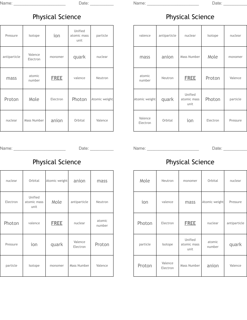 Physical Science  Bingo Cards
