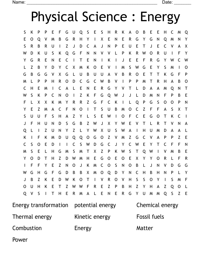 Physical Science : Energy Word Search