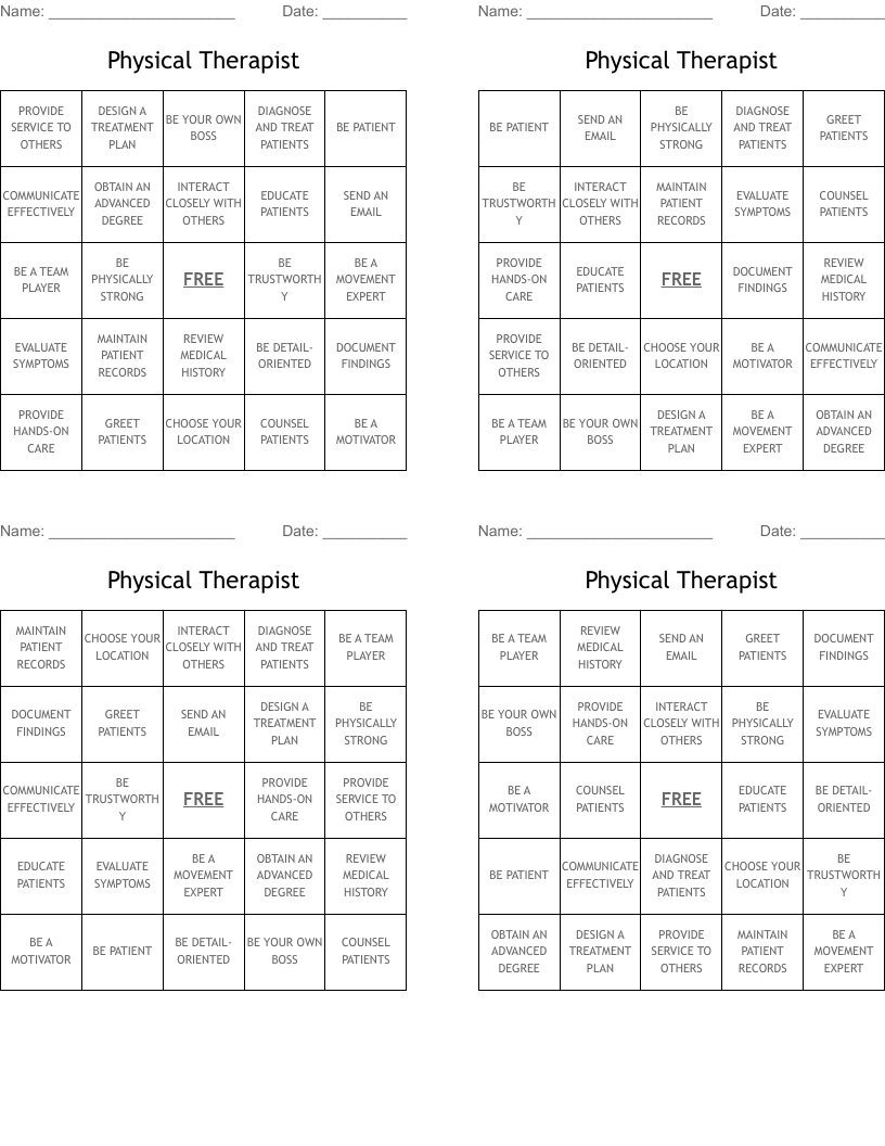 Physical Therapist Bingo Cards