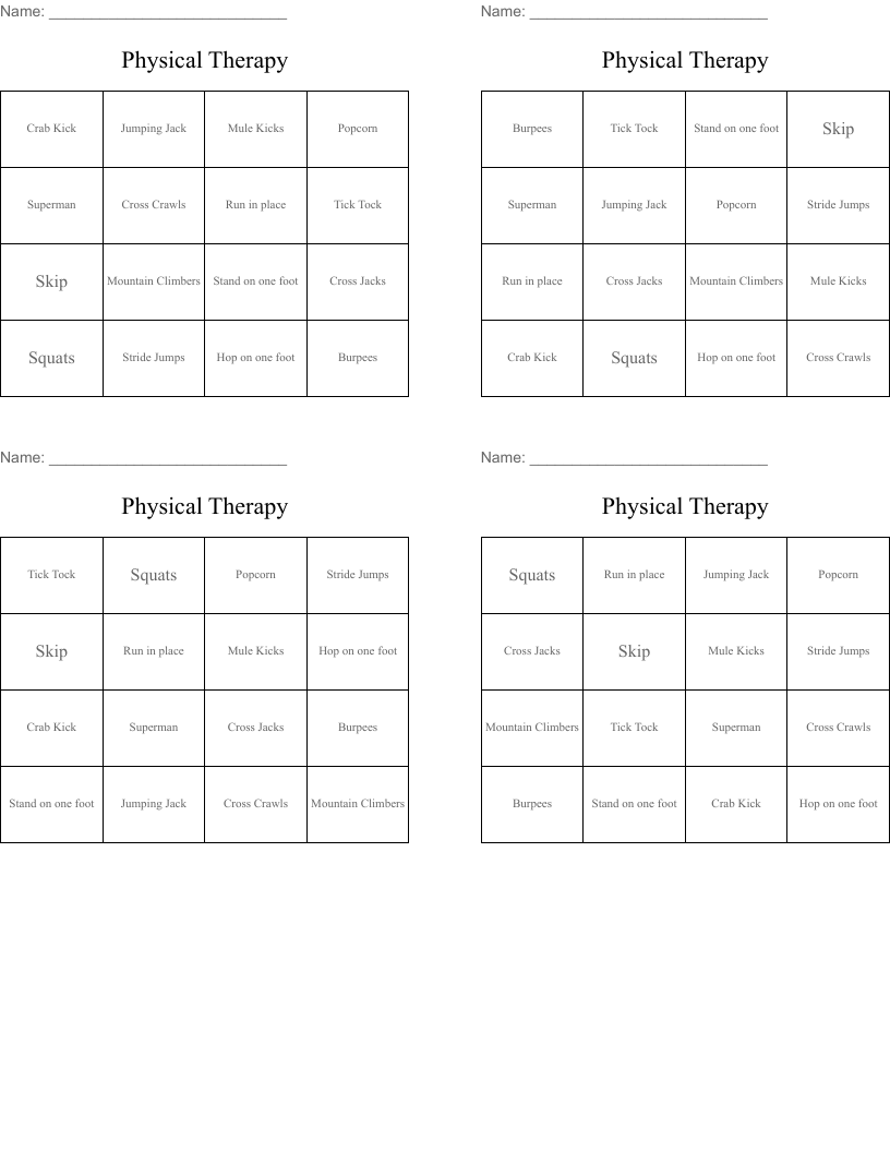 Physical Therapy Bingo Cards
