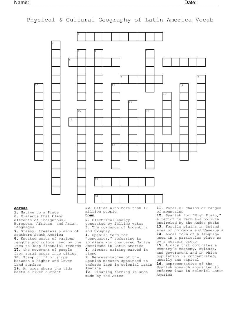 Physical & Cultural Geography of Latin America Vocab  Crossword